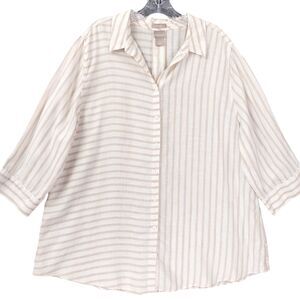 Chico’s 100% Linen Striped Button Front Shirt Size 4 (US 20/22) Beige No Iron